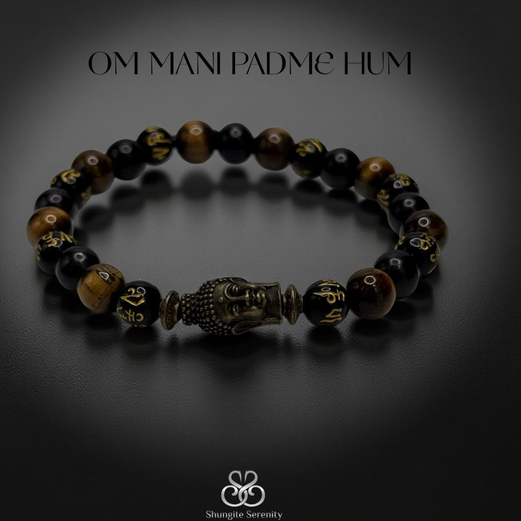 Beaded bracelet with Buddha charm and 'OM MANI PADME HUM' text on a dark background