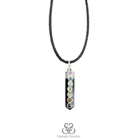 A black Shungite pendant with multicolored chakra symbols arranged in a row, attached to a black cord.