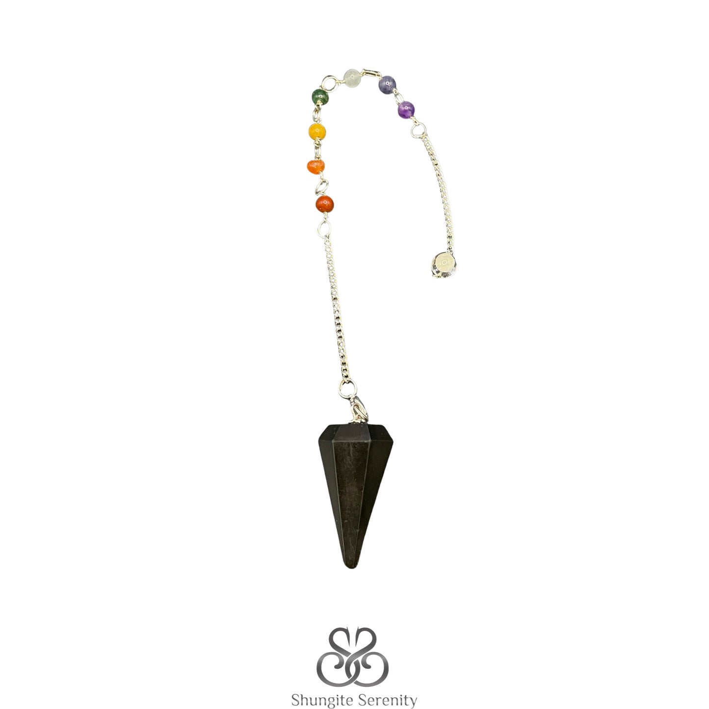 A Shungite Chakra Pendulum with a black shungite crystal attached to a silver chain with multicolored beads and a decorative ring at the end.
