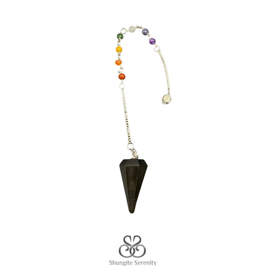 A Shungite Chakra Pendulum with a black shungite crystal attached to a silver chain with multicolored beads and a decorative ring at the end.
