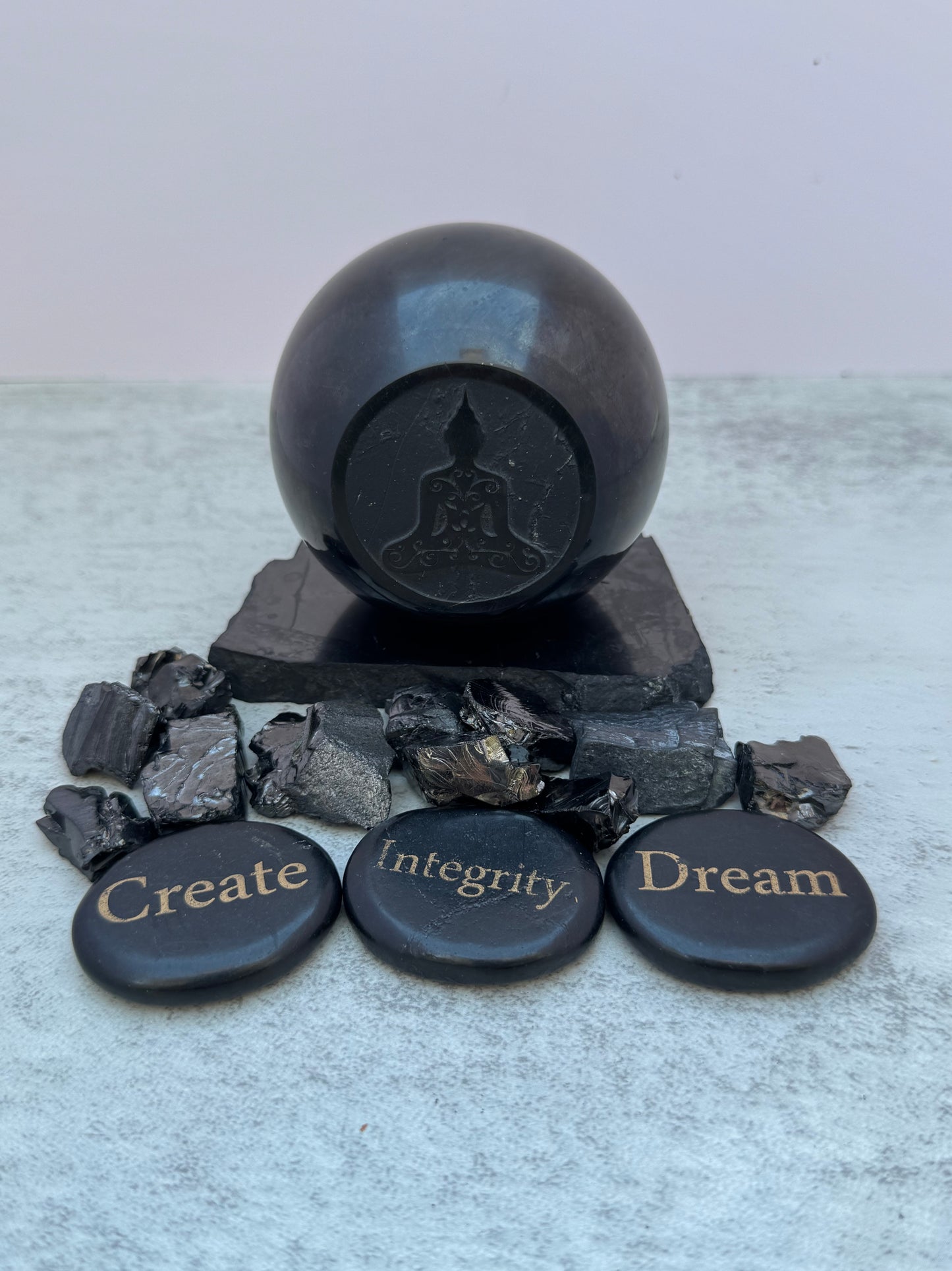 Shungite Buddha Sphere w/ Shungite Stand