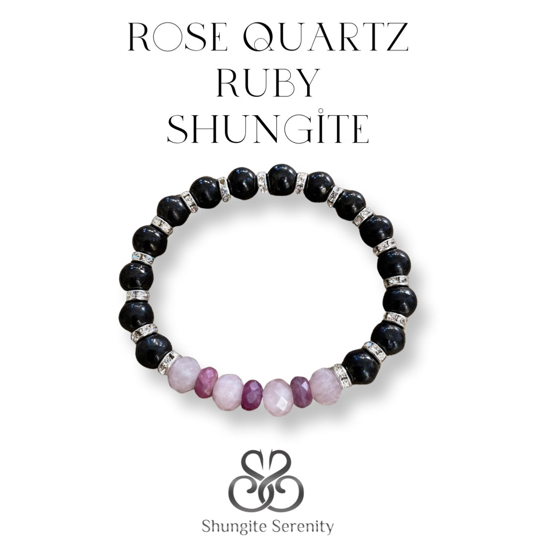 A  Custom Design bracelet featuring rose quartz , Ruby and shungite stones with silver accents. 